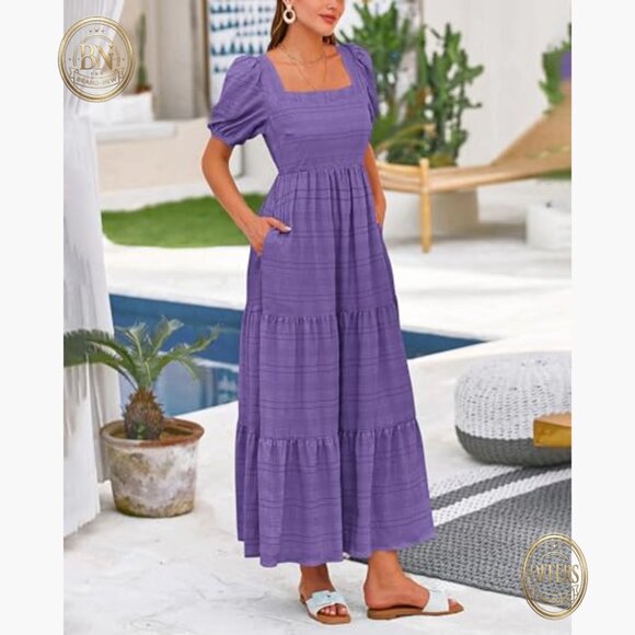 Polyester Puff Sleeve Square Neck High Waist Smocked Midi Dress - Picture 3 of 7